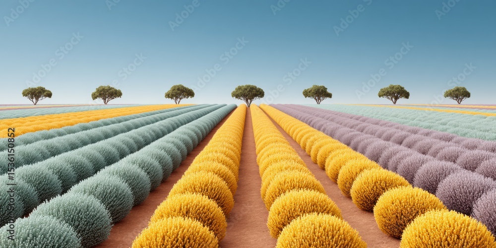 Poster drought-resistant crop varieties growing in uniform rows on expansive farmland with scattered trees 