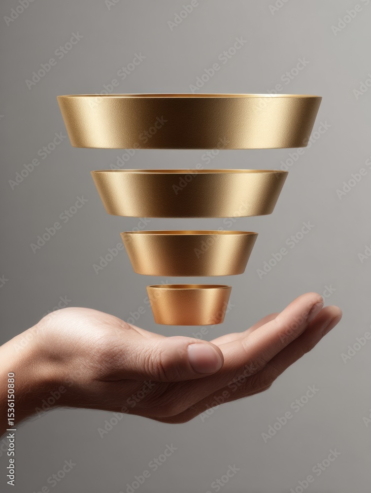 Aufkleber Tech-Driven Digital Marketing Funnel in Golden Holographic Design Held by Hand Symbolizing Sales Conversion and Business Strategy Optimization