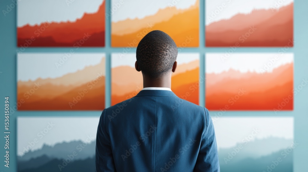 Poster business professional analyzing market trend data on large digital wall display for financial foreca