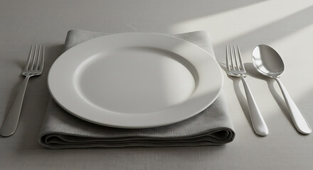 Sunlit Minimalist Table Setting: Grey Linen, White Plate, Silverware