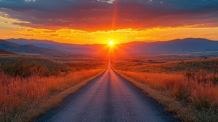 Naklejka premium Sunset highway through a golden valley
