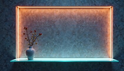 Modern glass shelf with silver accents and subtle LED illumination, silver accents, home decor, LED lighting