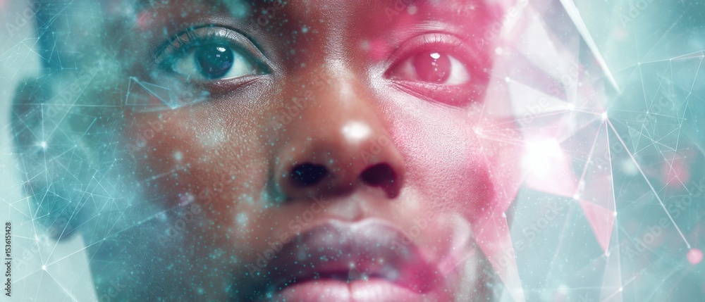 Aufkleber Digital biometric facial recognition scan with geometric mesh overlay on ID card, advanced identity verification for security and authentication technology
