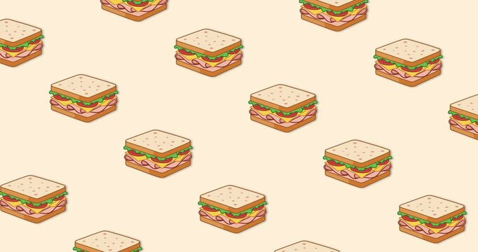 A seamless looping video animation featuring multiple illustrations of ham and vegetable sandwiches moving in an interlocking fashion over a beige background.
