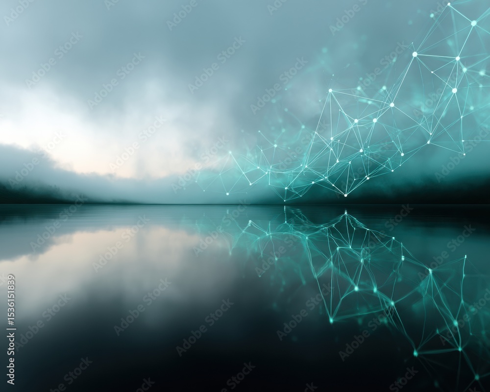Aufkleber Abstract Digital Network Visualization over Calm Foggy Lake Representing Citizen Science and Data Collaboration for Tech Innovation and Collective Intelligence