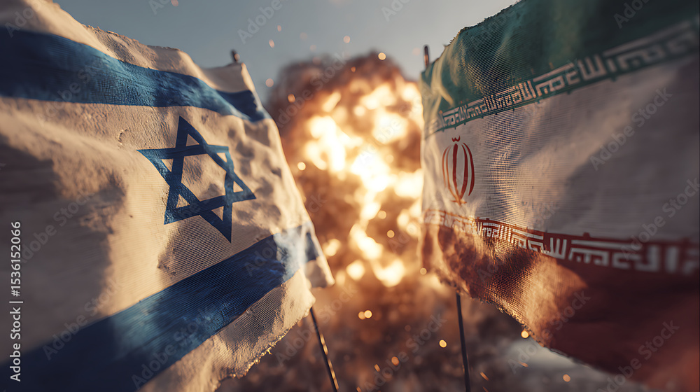 Poster close-up of the flags of israel and iran with an explosion between them