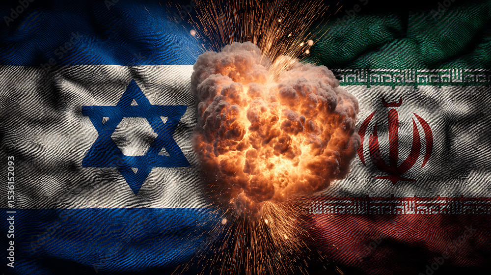 Poster close-up of the flags of israel and iran with an explosion between them