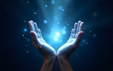 Glowing blue energy surrounds raised hands against dark background, creating magical ethereal effect with sparkles and light trails for spiritual and wellness concepts. High quality