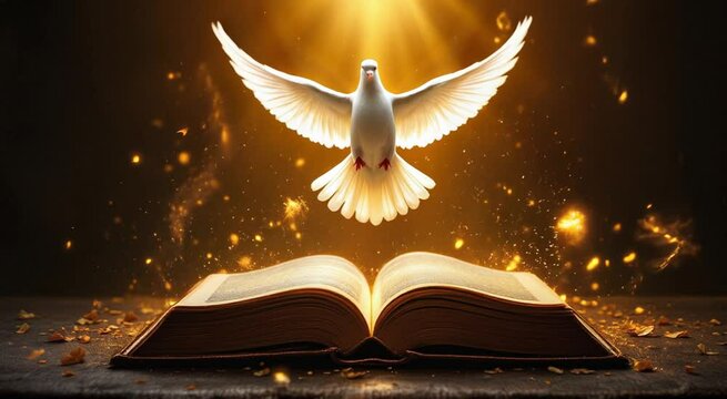 White dove above open book glowing with holy light and spiritual symbolism