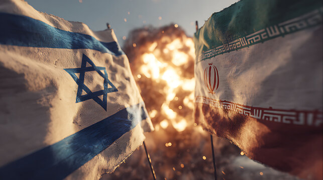 close-up of the flags of Israel and Iran with an explosion between them