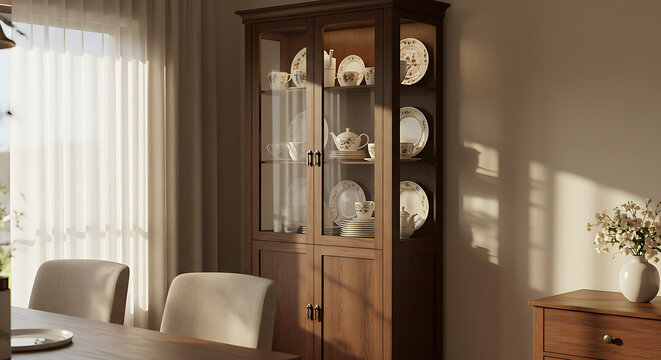 Warm Sunlight Illuminates Antique China Cabinet in Modern Dining Room