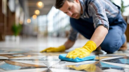 Man cleaning floor with yellow gloves and blue cloth patterned tile, focused indoor maintenance and hygiene, professional janitorial service, modern building cleanliness, hard work, care