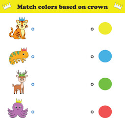Fototapeta premium Match the color of the animal's crown. Educational game for color recognition