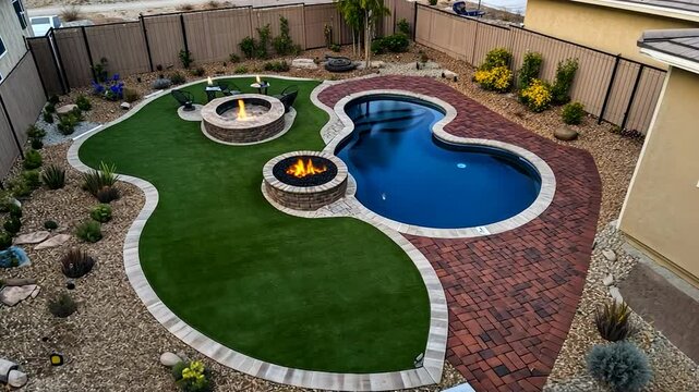 Backyard oasis with kidney-shaped pool, fire pits, and artificial turf
