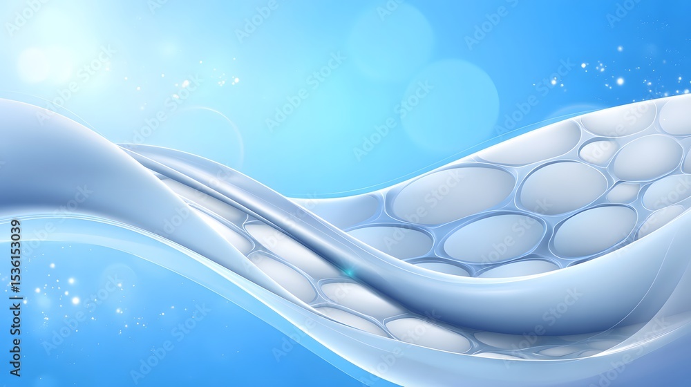 Poster abstract depiction of cellular structure with flowing blue waves and soft lighting