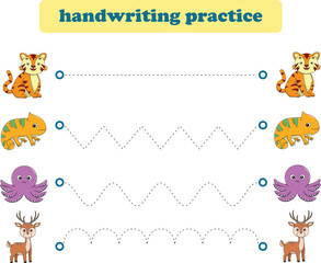 Handwriting Practice. Tracing lines for kids with animals. Vector Illustration