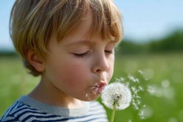 Child blowing dandelion seeds in sunny meadow