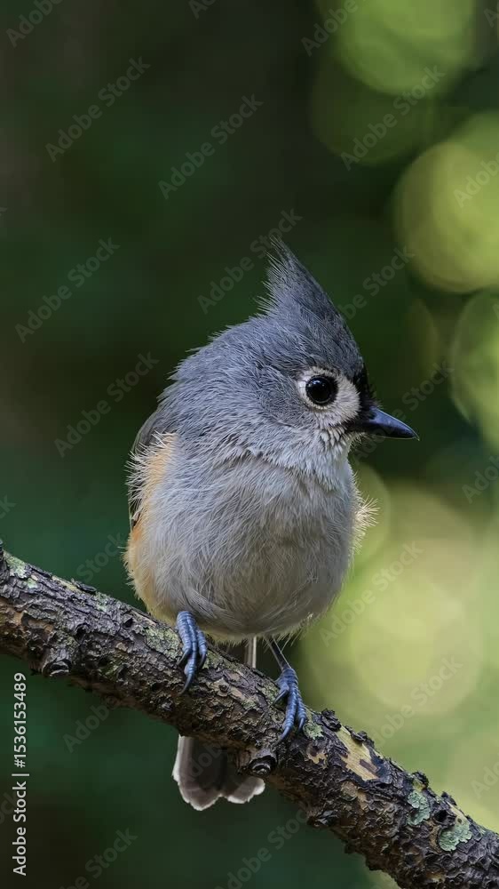 Poster close-up video still of a tufted bird on a branch, captured at eye level. soft bokeh background enha