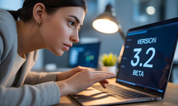Woman Using Laptop with Version 3.2 Software