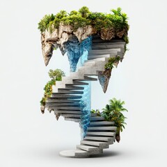 Surreal Floating Island with Spiral Staircase and Waterfall Digital Art