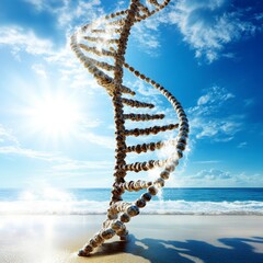 DNA Strand on Beach Genetic Code, Ocean, and Sky
