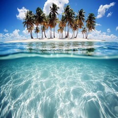 Tropical Paradise Secluded Island with Crystal Clear Waters and Lush Palm Trees