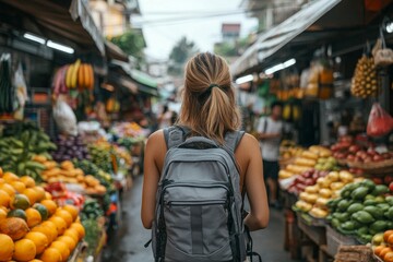 Backpacker journey destination concept: Young tourism student traveling through a market street in Southeast Asia during a summer vacation, experiencing local culture., Generative AI