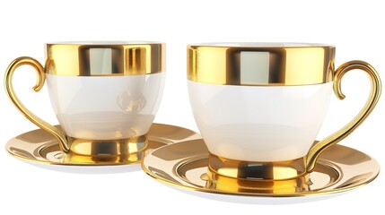  Luxury decorative coffee cups elegantly isolated on a pristine white background, showcasing intricate patterns and premium finishes. Perfect for high-end kitchen styling, home decor, or gourmet bever