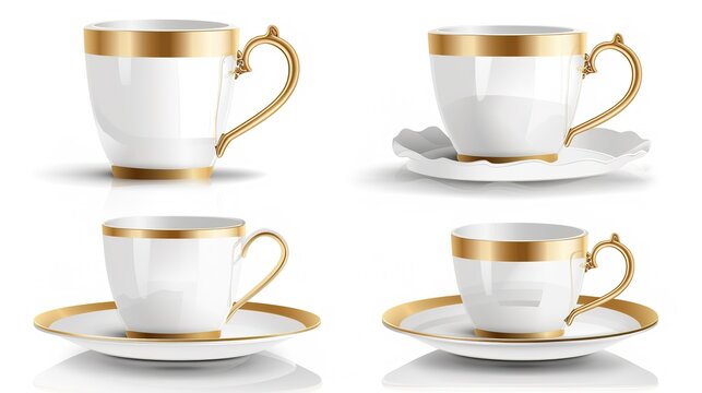  Luxury decorative coffee cups elegantly isolated on a pristine white background, showcasing intricate patterns and premium finishes. Perfect for high-end kitchen styling, home decor, or gourmet bever