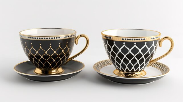  Luxury decorative coffee cups elegantly isolated on a pristine white background, showcasing intricate patterns and premium finishes. Perfect for high-end kitchen styling, home decor, or gourmet bever