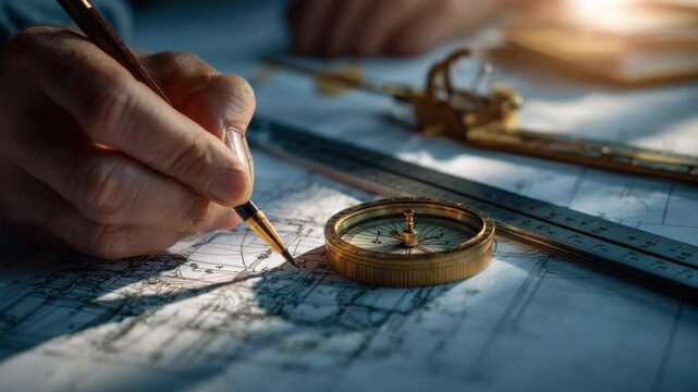 Navigational Map: A close-up shot reveals a meticulous hand charting a course on an old map with a compass and other instruments, emphasizing precision and direction.