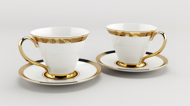  Luxury decorative coffee cups elegantly isolated on a pristine white background, showcasing intricate patterns and premium finishes. Perfect for high-end kitchen styling, home decor, or gourmet bever
