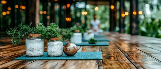 Serene Outdoor Spa Setting Tranquil Tablescape with Herbs and Candles