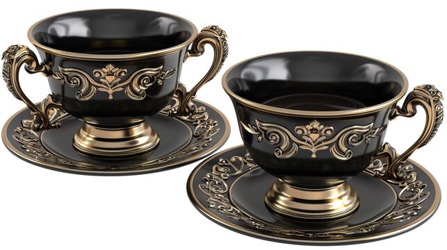  Luxury decorative coffee cups elegantly isolated on a pristine white background, showcasing intricate patterns and premium finishes. Perfect for high-end kitchen styling, home decor, or gourmet bever