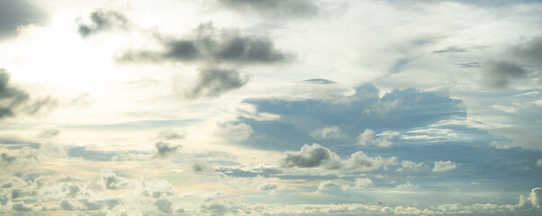 Dramatic overcast sky panorama with gray storm clouds during rainy season. Moody atmospheric...