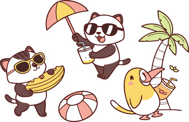 Kawaii Summer Animals Set illustration collection. Colorful Kawaii Summer Animals Set design set. Kawaii Summer Animals Set icons and elements. Kawaii Summer Animals Set themed artwork