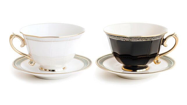  Luxury decorative coffee cups elegantly isolated on a pristine white background, showcasing intricate patterns and premium finishes. Perfect for high-end kitchen styling, home decor, or gourmet bever