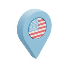 Isometric blue map pin icon with American flag inside the pointer circle.