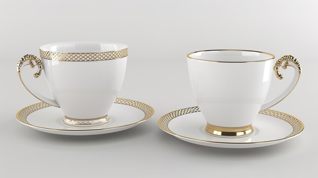  Luxury decorative coffee cups elegantly isolated on a pristine white background, showcasing intricate patterns and premium finishes. Perfect for high-end kitchen styling, home decor, or gourmet bever