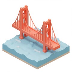 Isometric 3D illustration of the Golden Gate Bridge in bright red over water.