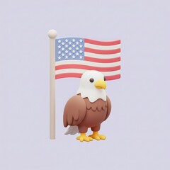 American bald eagle with the US flag on a pole in isometric 3D illustration.