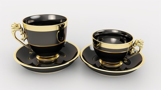  Luxury decorative coffee cups elegantly isolated on a pristine white background, showcasing intricate patterns and premium finishes. Perfect for high-end kitchen styling, home decor, or gourmet bever