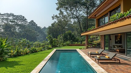 Tranquil pool villa nestled in lush tropical gardens