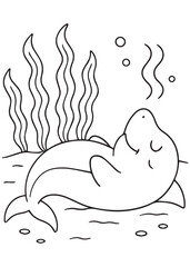 Coloring book sleeping shark rests peacefully on the ocean floor, surrounded by tall seaweed and bubbles