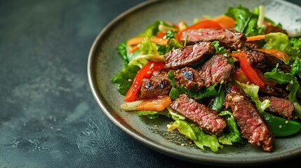 Fototapeta premium A fresh salad with grilled steak slices, mixed greens, and red bell peppers served on a rustic ceramic plate.