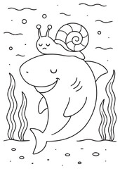Coloring book shark with closed eyes and a happy expression carries a small snail on its back underwater