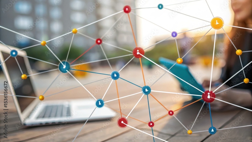 Poster a digital network visualization overlays a blurred workspace with a laptop and person holding a tabl