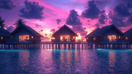 Fototapeta premium Tropical overwater bungalows at sunset. Vibrant pink and purple sky above calm water. Illuminated homes on stilts. Palm trees line the shore