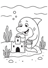 Coloring book shark with a cheerful expression is building a sandcastle with a bucket