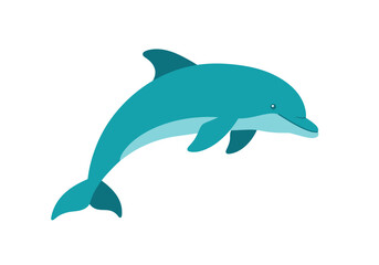 An aquacolored dolphin is leaping on a white background
